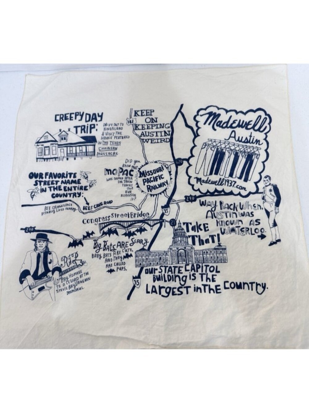 Austin Trivia Pictorial Map Scarf Decor 20"x20" Texas Stevie Ray Vaughn